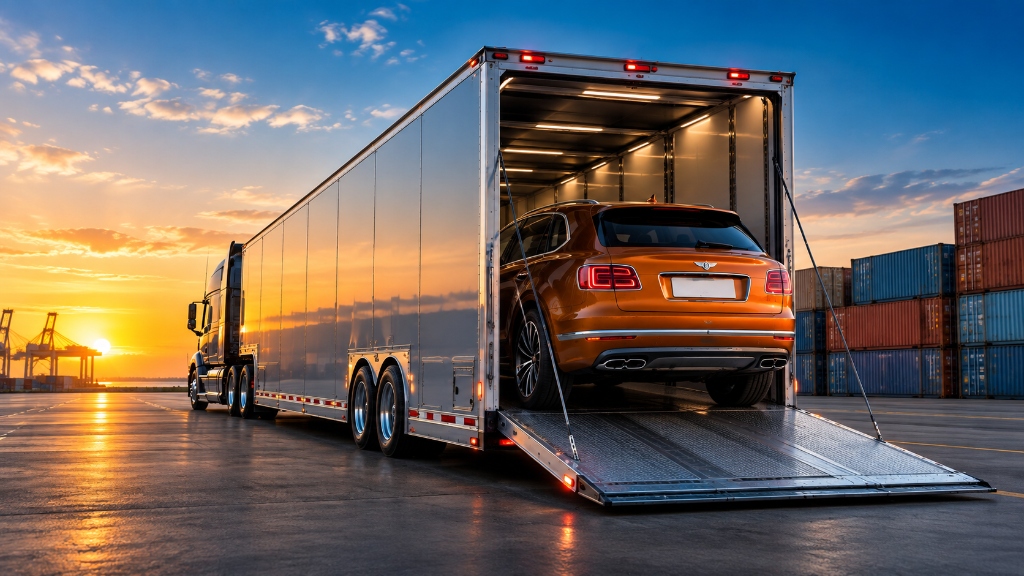 Bentley luxury SUV loaded into hydraulic liftgate enclosed hauler trailer on California to Texas shipping route