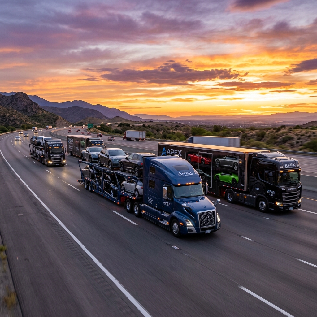 Fleet of professional enclosed car carriers and open transport trucks delivering vehicles safely - choosing the best auto transport provider