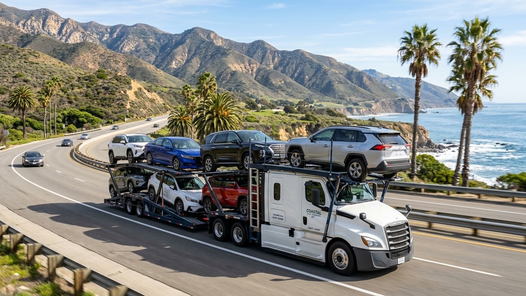 Car carrier truck transporting vehicles on a California highway