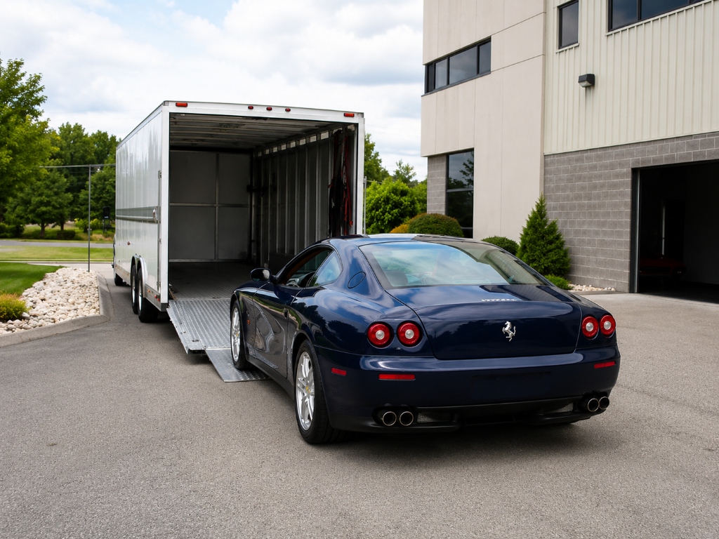 Open auto transport carrier traveling on an interstate highway