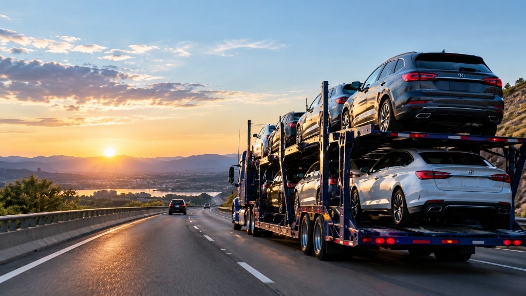 Legitimate cheap car shipping on an open multi-car carrier transport truck on interstate highway at sunset