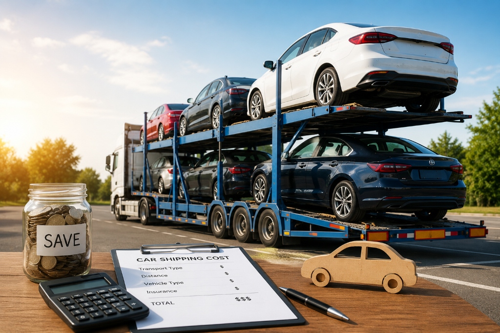 Car shipping cost breakdown calculation clipboard with savings jar, calculator, and double-decker open car transport truck in background - Neon Auto Transport FMCSA broker USDOT 4355879