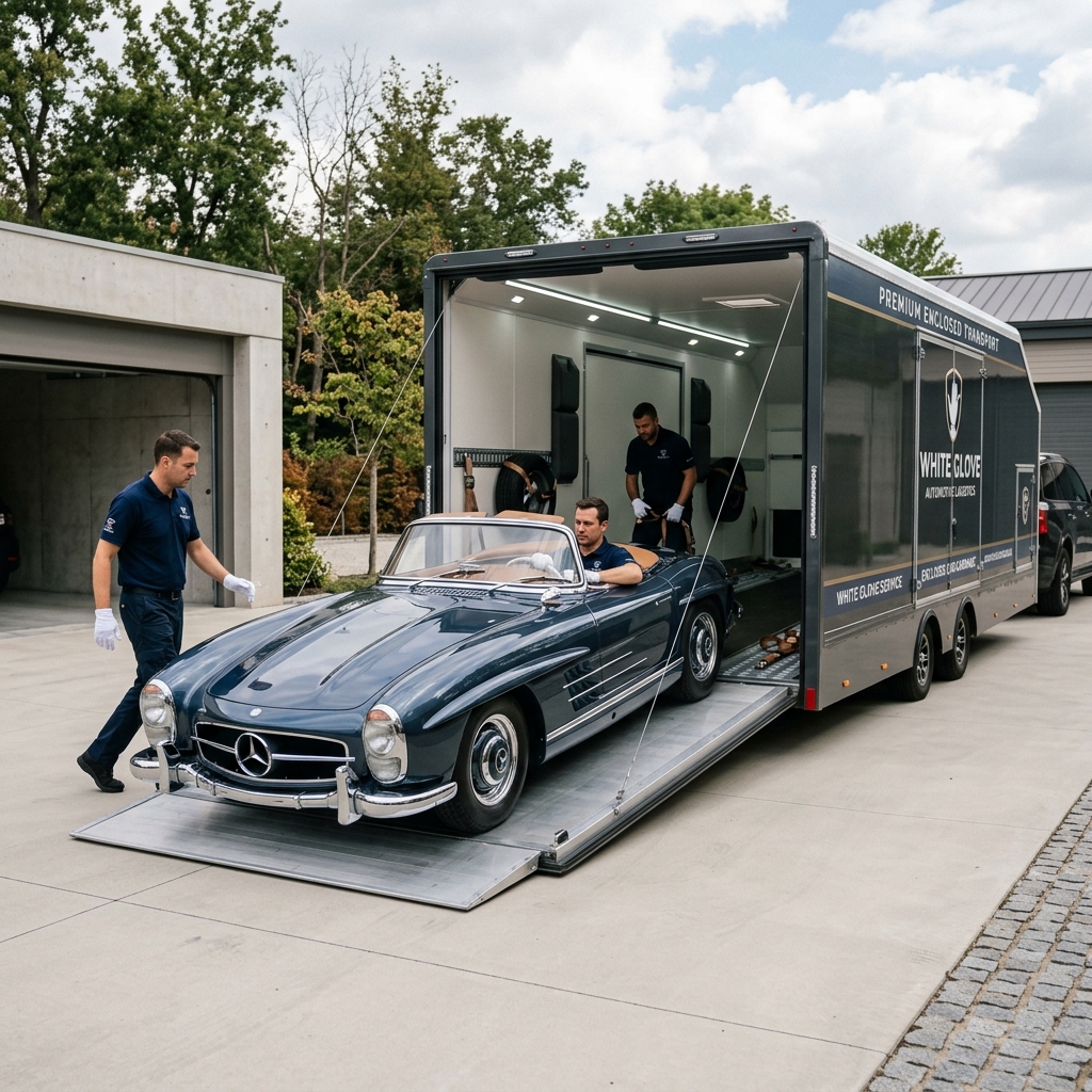 Classic car loaded onto enclosed trailer