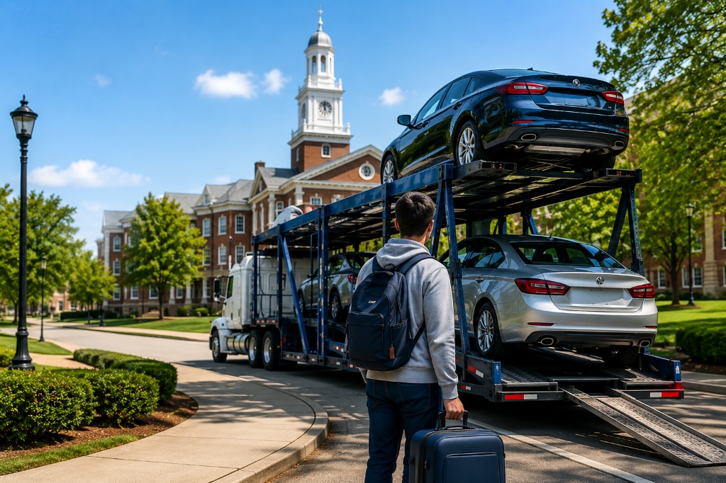 College student car shipping carrier delivering vehicle to university campus