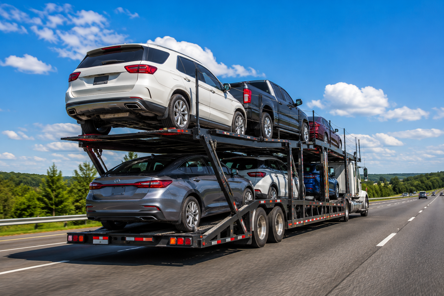 Neon Auto Transport car carrier truck shipping vehicles on Interstate 25 between Denver and Colorado Springs, Colorado, providing door-to-door open and enclosed auto relocation