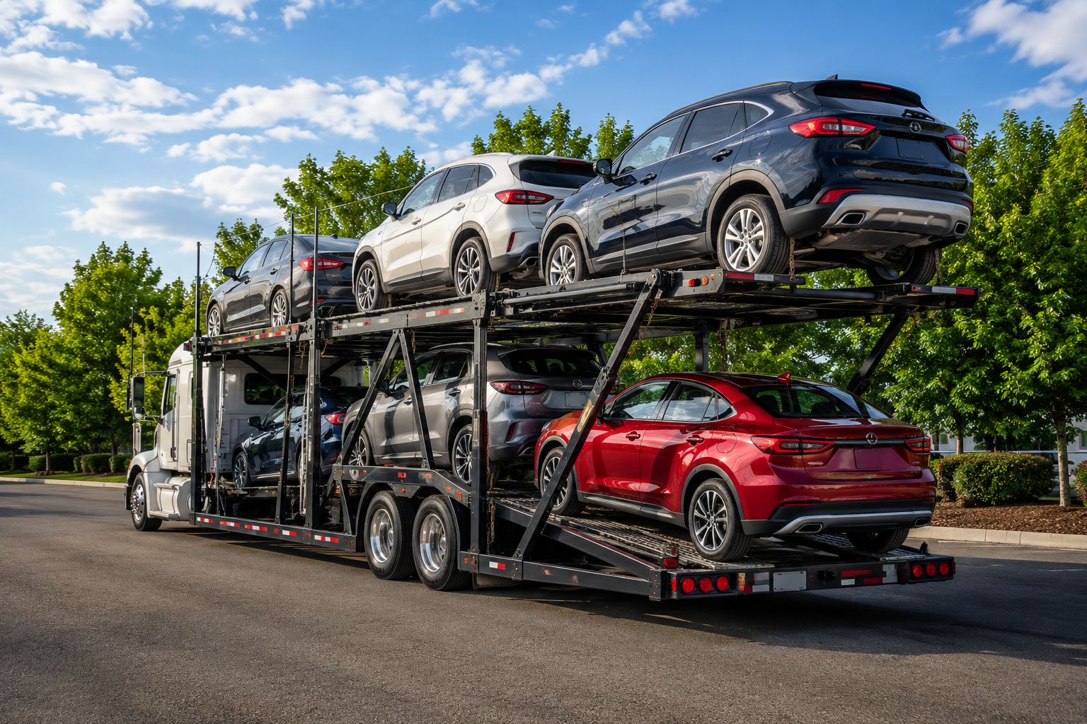 Neon Auto Transport open car carrier trailer loaded with SUVs and sedans for Denver to Colorado Springs car shipping along Interstate 25 in Colorado