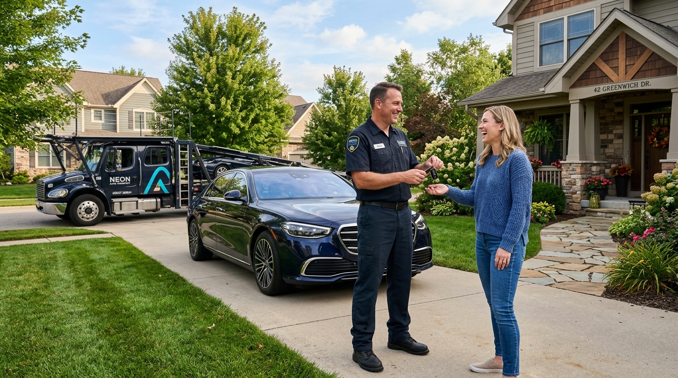 Neon Auto Transport professional driver handing over luxury vehicle keys to homeowner on suburban driveway