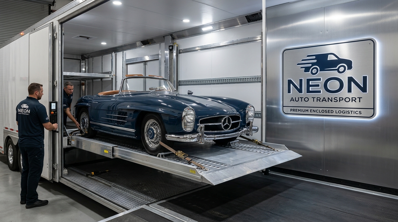 Classic luxury car loaded inside a premium Neon Auto Transport enclosed carrier trailer with hydraulic lift gate