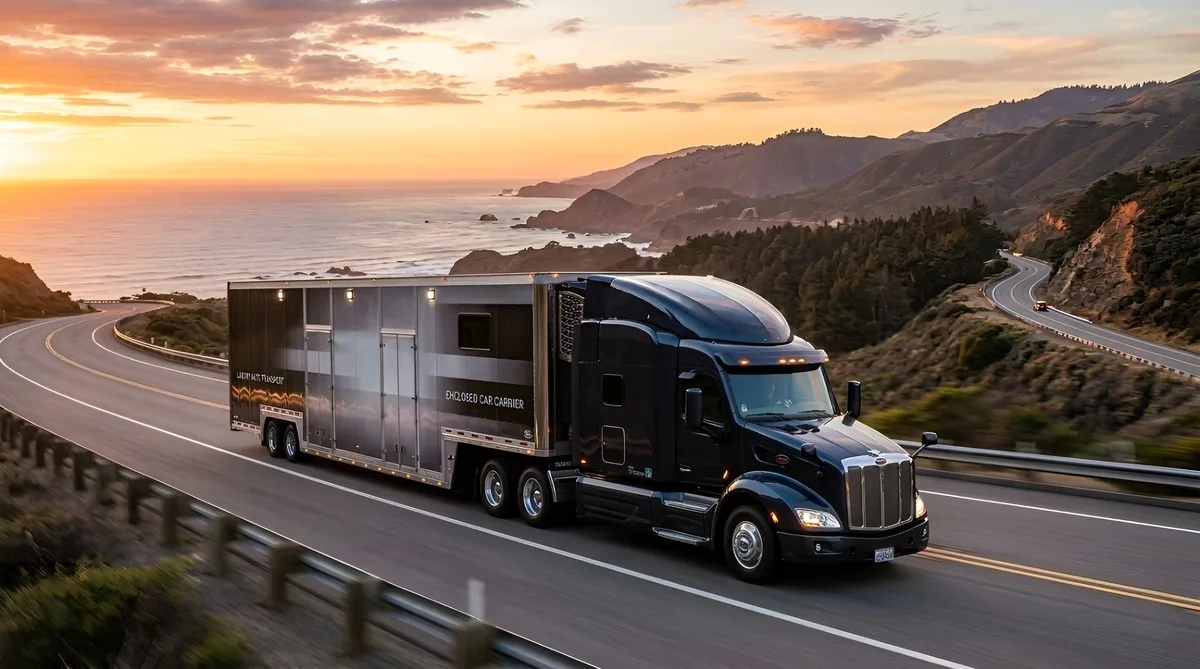 Enclosed car carrier truck transporting vehicles on scenic coastal highway - cross-country auto transport service
