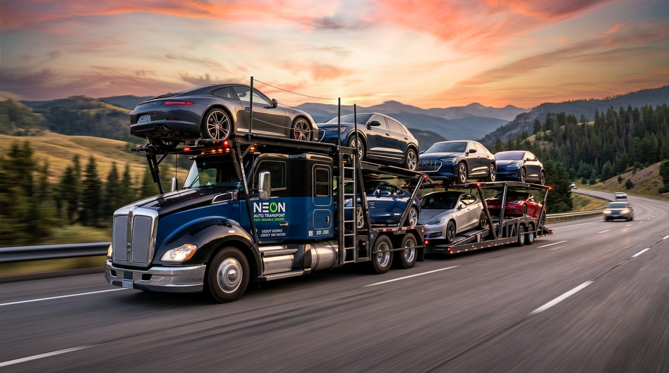 Neon Auto Transport commercial Kenworth car carrier truck driving smoothly along US highway at golden hour