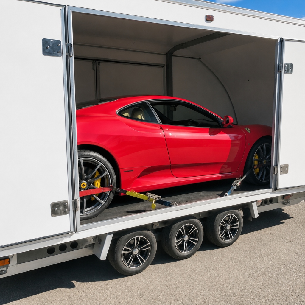 Enclosed car shipping red Ferrari supercar secured with soft-tie straps inside climate-controlled hard-sided trailer on California to Texas route