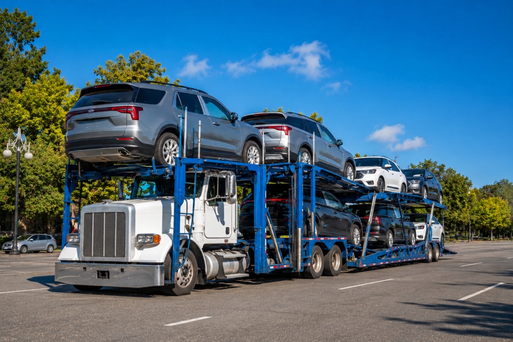 Multi-Car Open Auto Transport Carrier Delivering Vehicles Across Top Florida Cities Miami Orlando Tampa Jacksonville
