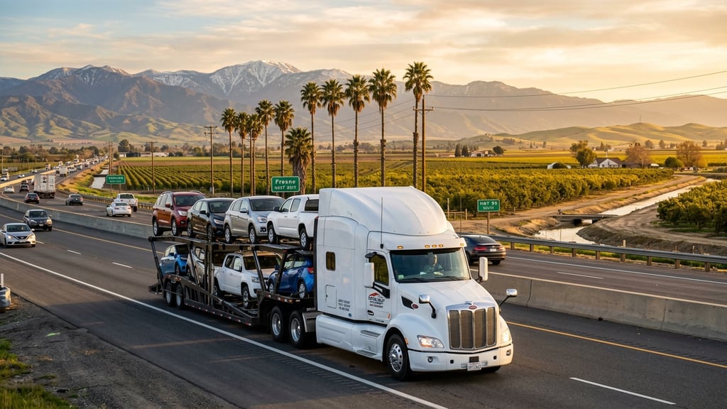 Commercial auto transport carrier hauling vehicles on California highway near Fresno