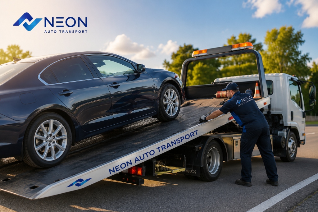 Neon Auto Transport professional carrier operator loading a vehicle onto a flatbed carrier for interstate auto transport