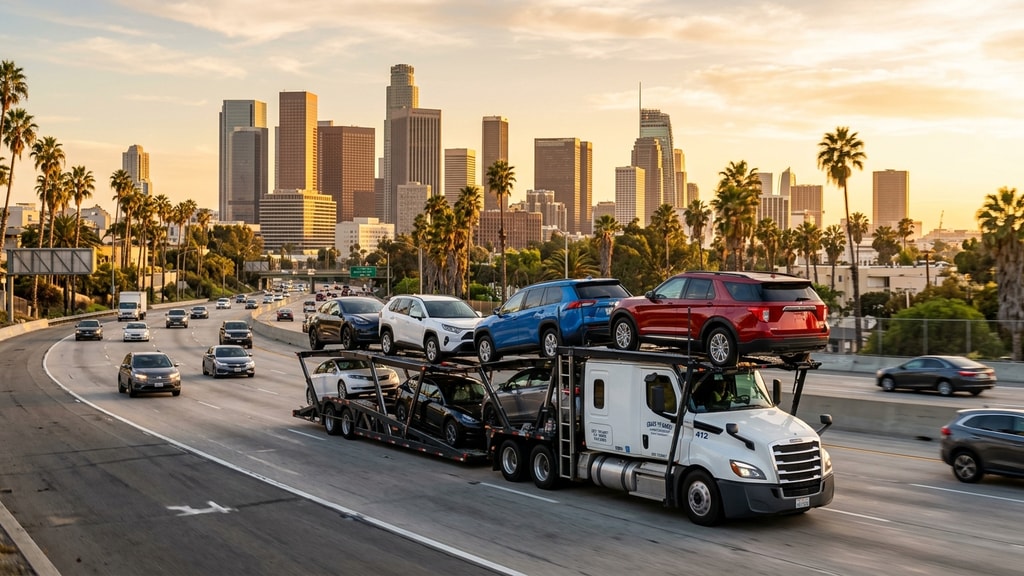 Car carrier truck transporting vehicles in Los Angeles with skyline view