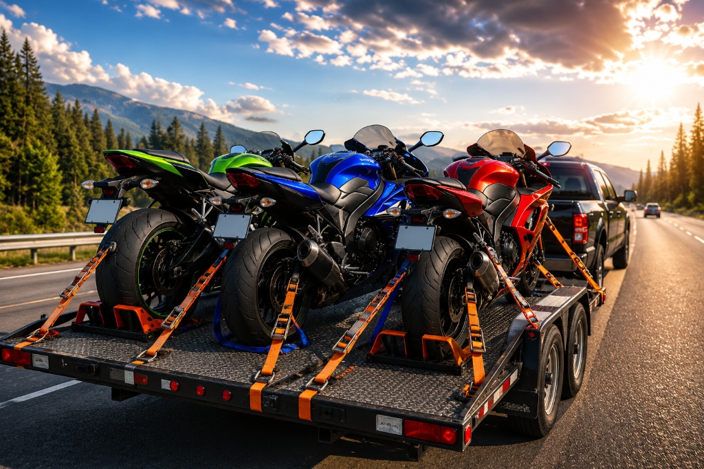 Three sport motorcycles (green, blue, red) loaded and strapped securely onto an open trailer for nationwide motorcycle shipping transport by Neon Auto Transport