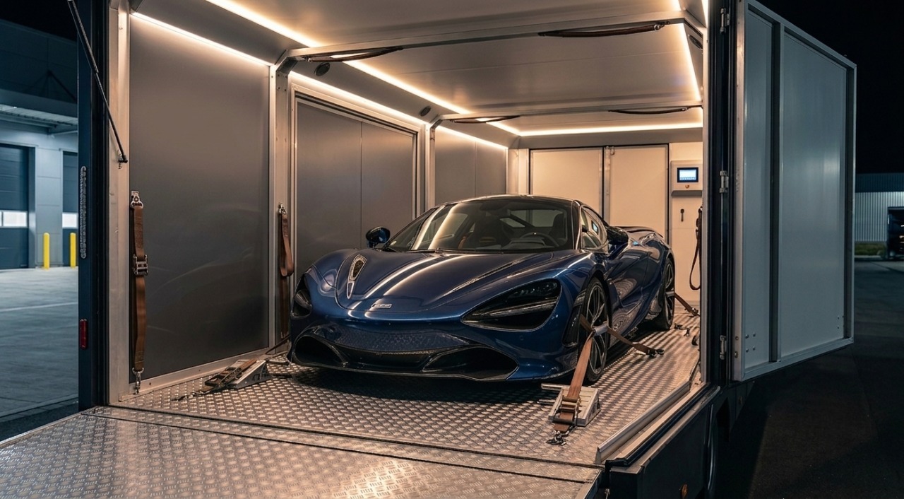 Blue McLaren 720S sports car secured inside a professional enclosed auto transport trailer