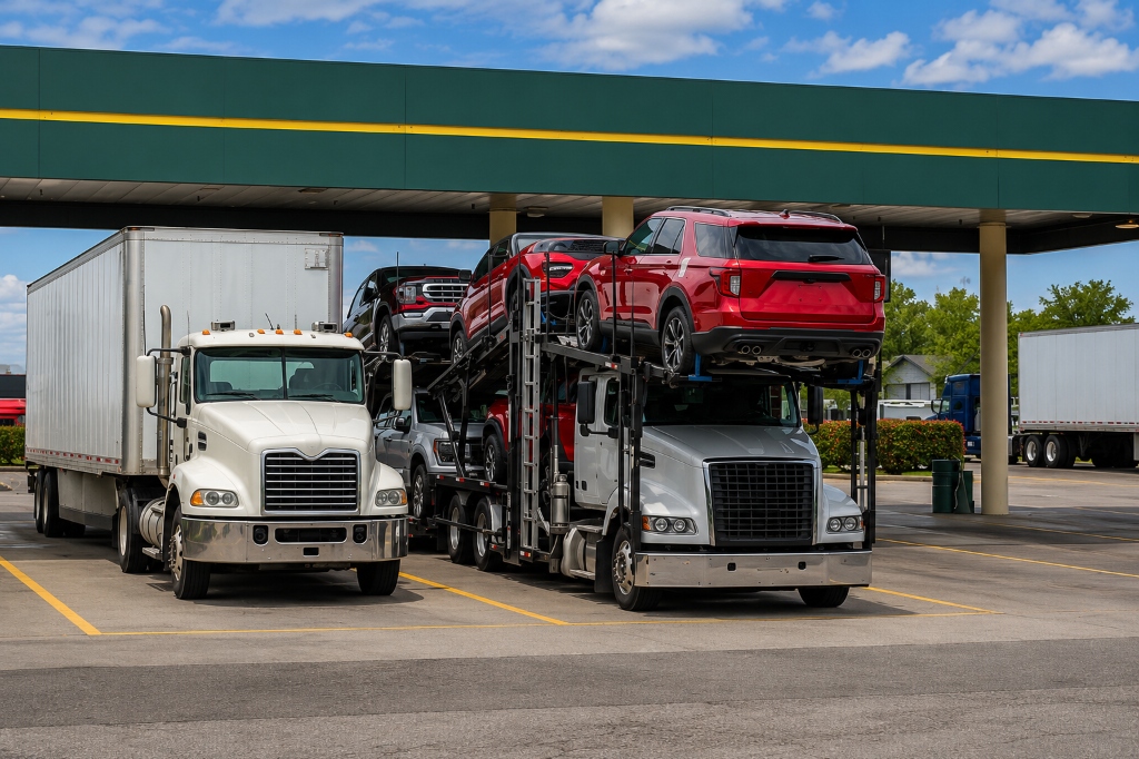Neon Auto Transport services loading SUVs onto an open carrier truck at a dealership for Arlington Texas car shipping