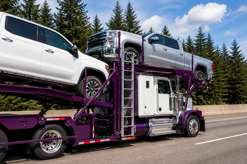 Neon Auto Transport services hauling trucks on a purple open carrier for Austin Texas car shipping