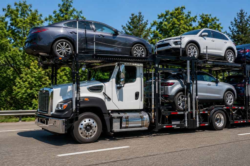 Neon Auto Transport services hauling vehicles on an open carrier truck driving along a highway for Corpus Christi Texas car shipping