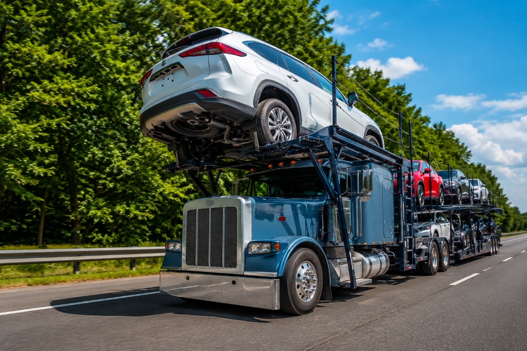 Neon Auto Transport blue car carrier truck transporting vehicles on a highway for Dallas Texas auto transport