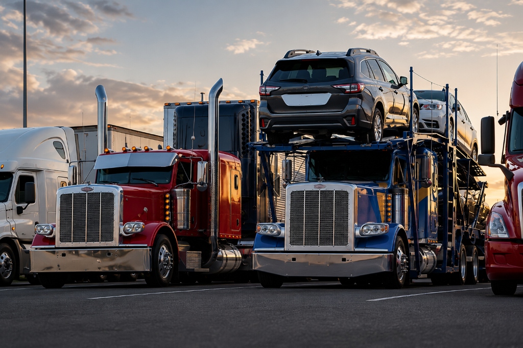 Neon Auto Transport services hauling vehicles on open carrier trucks at sunset for El Paso Texas car shipping
