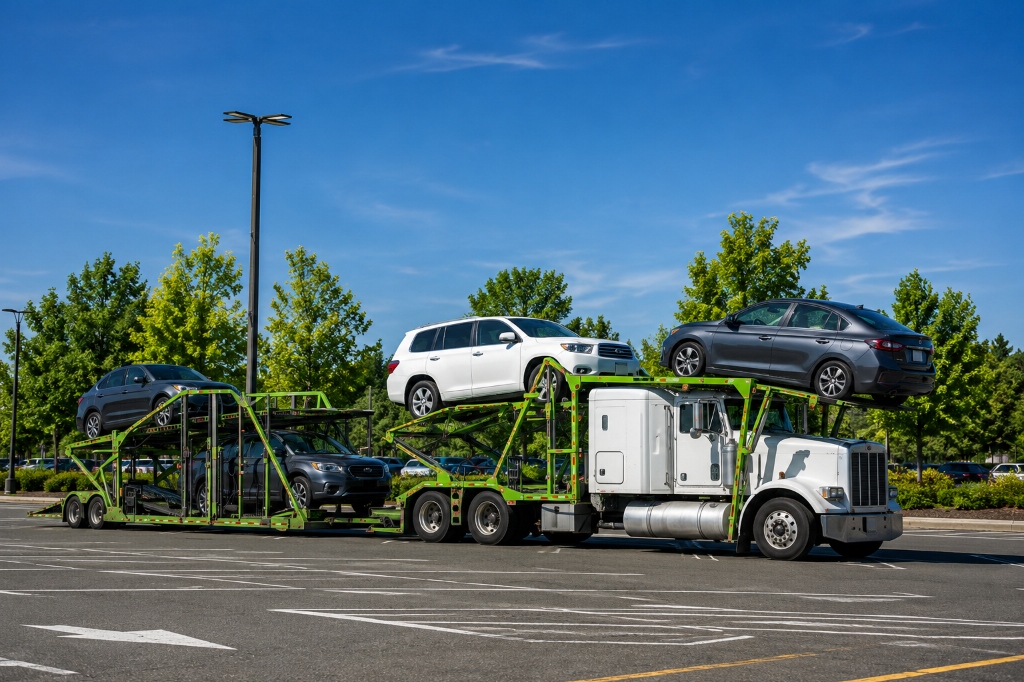 Neon Auto Transport services hauling vehicles on an open carrier truck in a parking lot for Fort Worth Texas car shipping