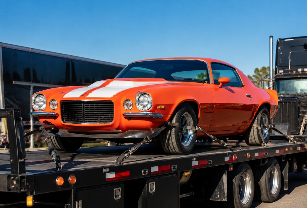 Neon Auto Transport loading an orange classic car onto an open carrier truck for Houston Texas auto transport