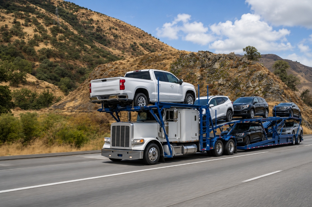 Neon Auto Transport services hauling vehicles on an open carrier truck for San Antonio Texas car shipping
