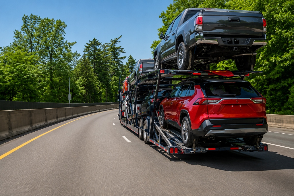 Neon Auto Transport carrier truck hauling vehicles for New York state auto transport and car shipping services