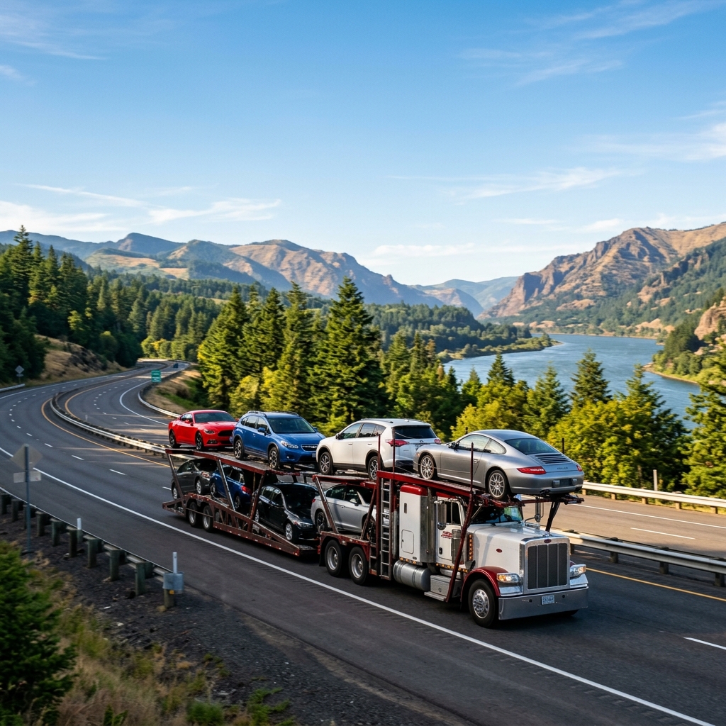 Open carrier auto transport service shipping vehicles on multi-car trailer across the country