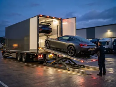 Luxury sports car being loaded onto an open car carrier truck for transport