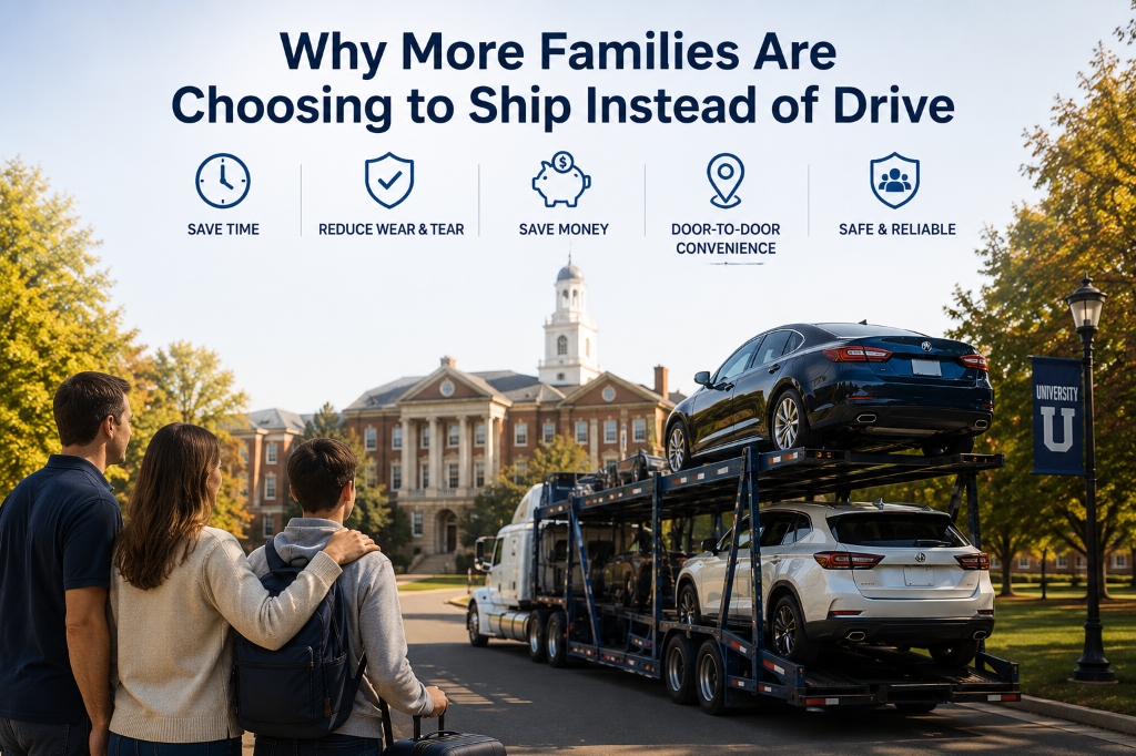 Parents and college student watching car carrier deliver vehicle to university campus
