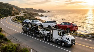 White Volvo car carrier truck transporting luxury SUVs and sedans on scenic coastal highway - cross-country auto transport service