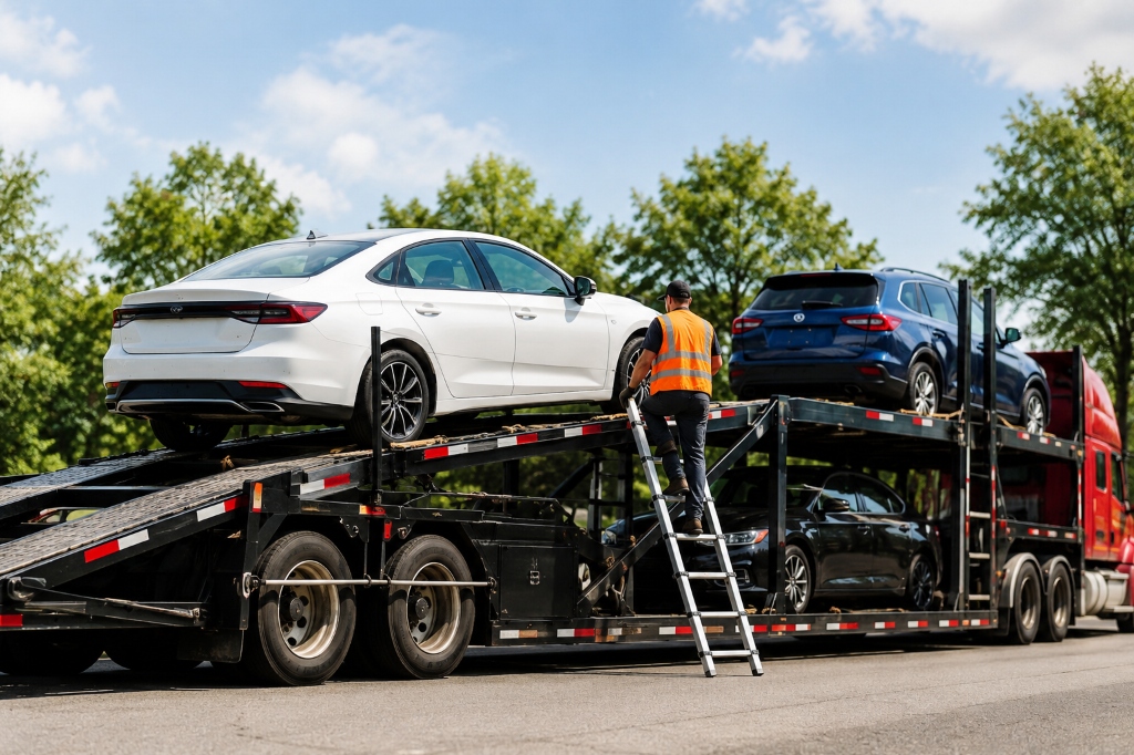 Licensed auto transport carrier driver securing white sedan and blue SUV on commercial double-decker open car carrier trailer - Neon Auto Transport FMCSA broker USDOT 4355879
