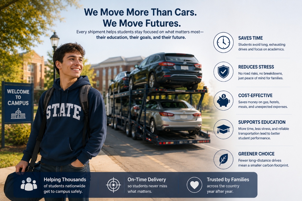 Student car shipping benefits infographic showing saves time, reduces stress, and cost-effective transport