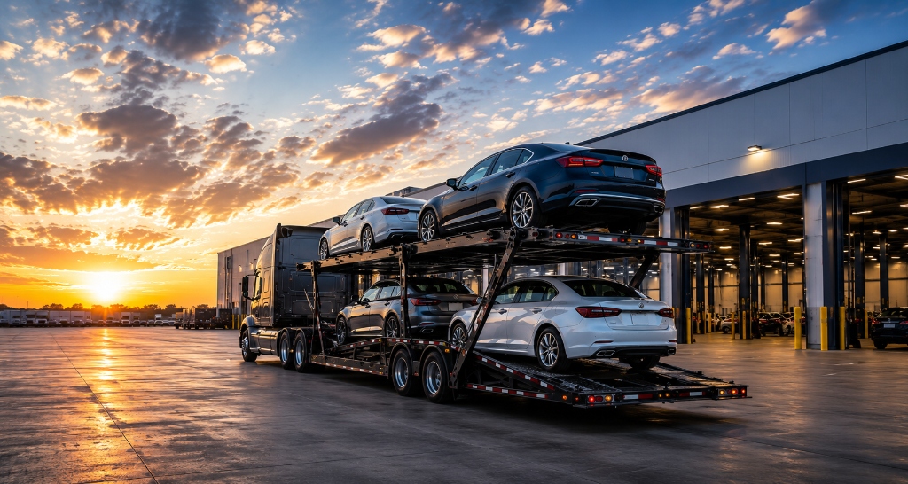 Auto transport terminal hub with multi-car carrier truck loading vehicles for terminal-to-terminal car shipping services