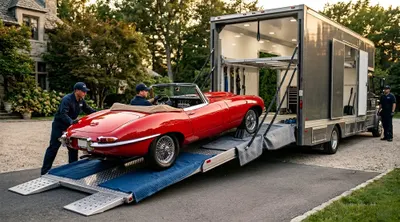 Professional car transport team loading a classic red Jaguar onto an enclosed auto transport trailer - premium vehicle shipping service