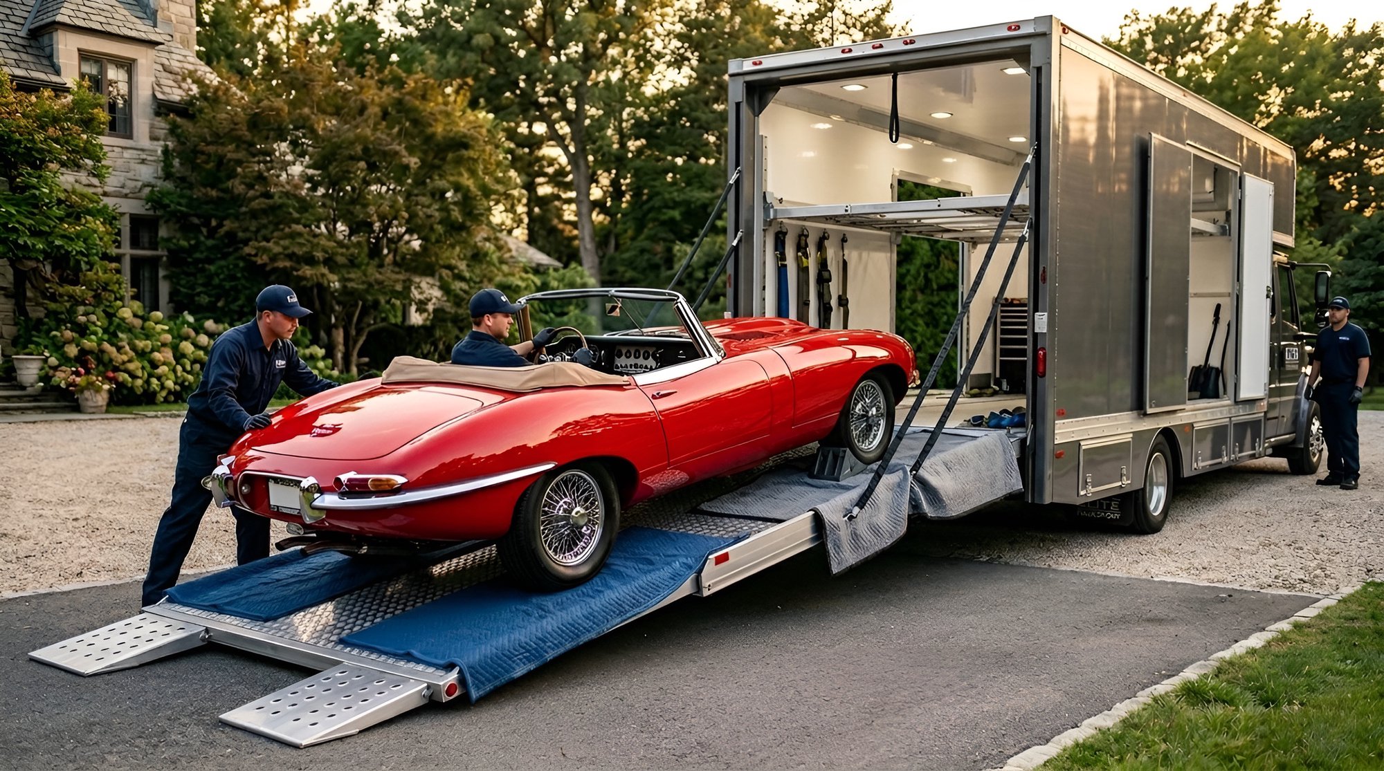 Professional car transport team loading a classic red Jaguar onto an enclosed auto transport trailer - premium vehicle shipping service