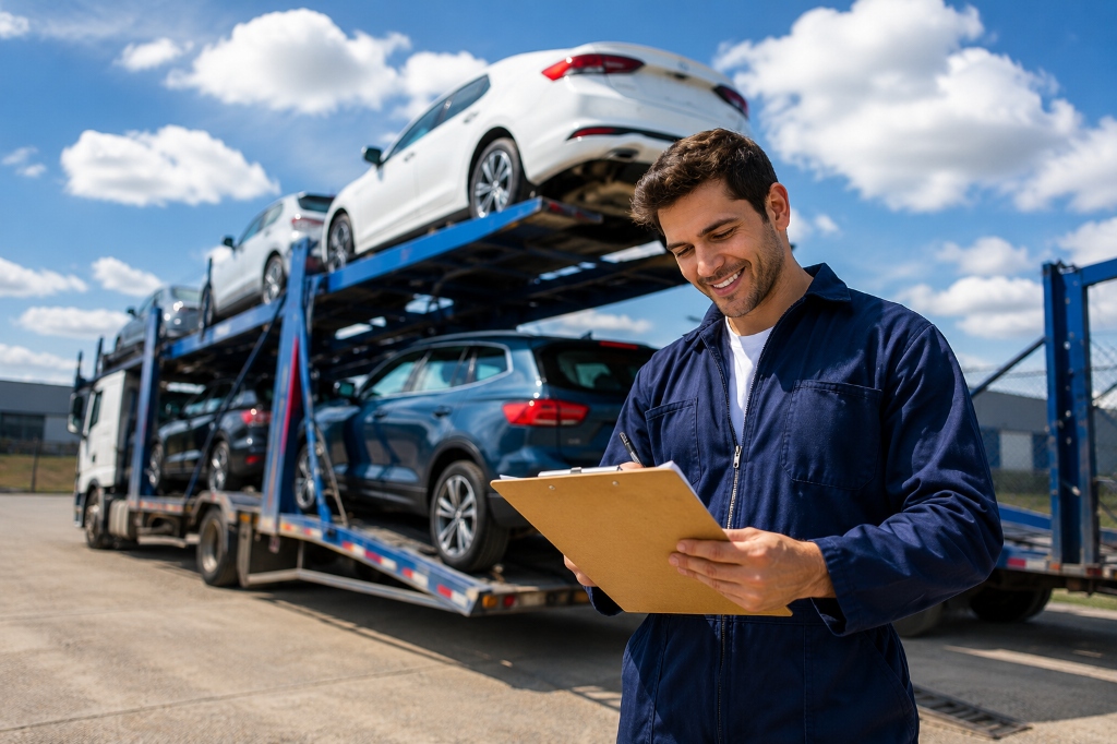 Neon Auto Transport FMCSA insured carrier driver performing comprehensive Bill of Lading vehicle condition inspection before Washington D.C. car shipping departure