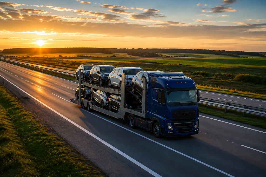 Neon Auto Transport FMCSA licensed car shipping carrier trailer transporting diplomatic, classic, and luxury vehicles on interstate highway entering Washington D.C. near Embassy Row and Capitol Hill