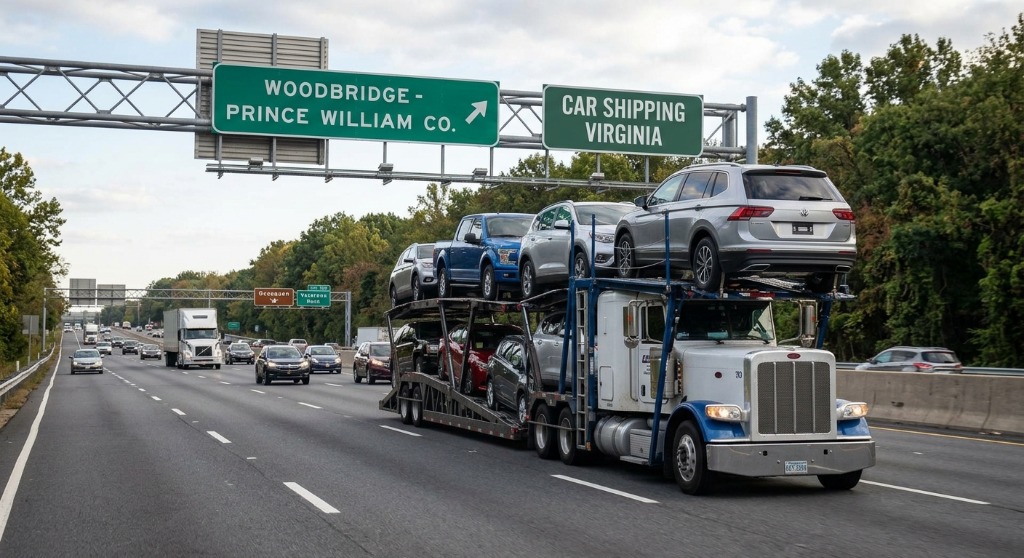 Auto transport carrier driving on I-95 highway in Woodbridge, Prince William County, Virginia