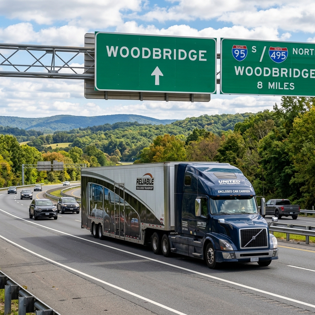 Car shipping truck driving through Woodbridge, Virginia