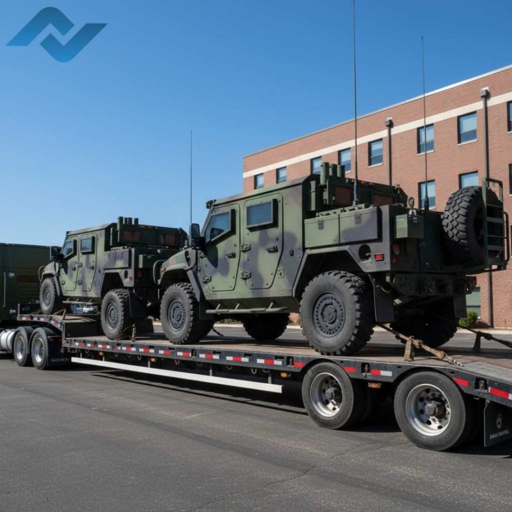 Military car transport flatbed trailer carrying two armored Humvees.